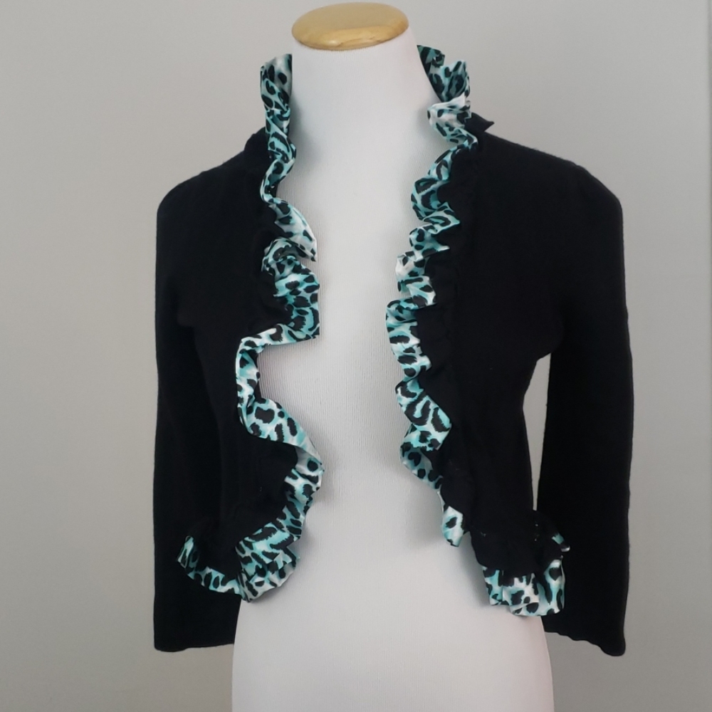INC cropped cardigan with blue leopard detail